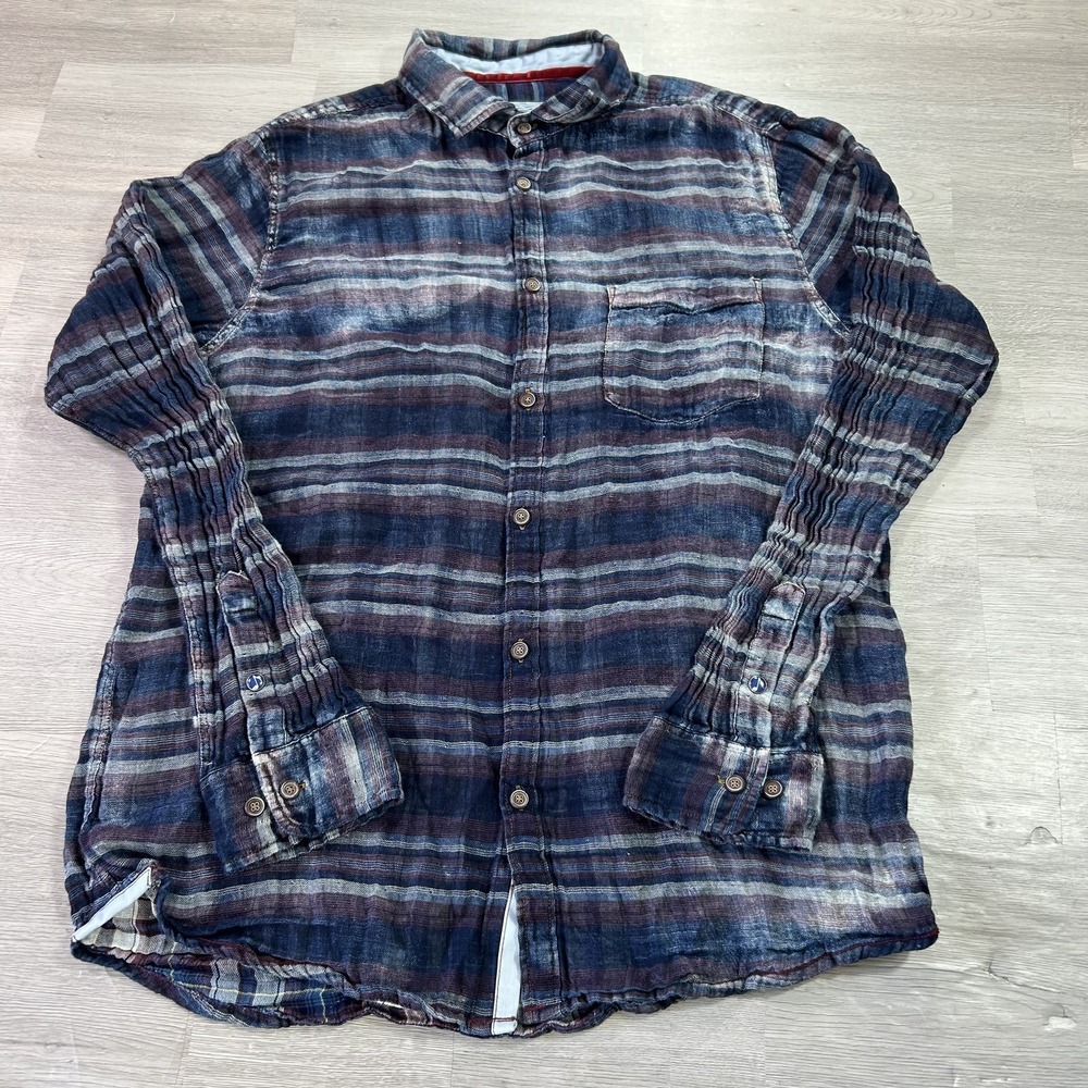 32 Bar Blues Shirt Mens Large Blue Striped Long Sleeve Button Up Casual Cotton